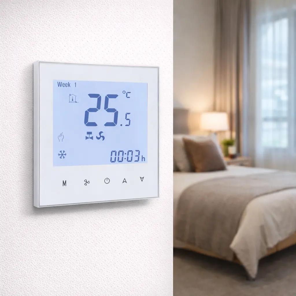 Smart 2 Pipe FCU Room Thermostat With Keycard Modbus RS485 wall-mounted Thermostat With Keycard Modbus for fan coil control
