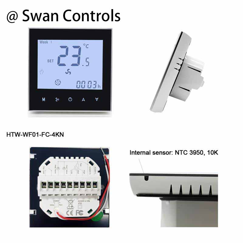 4 Pipe FCU Room Thermostats with Sensor and Modbus function for HVAC systems. The thermostat supports 4-pipe fan coil control, heating and cooling valve output, 3-speed fan operation, external sensor connection, and BMS integration for commercial HVAC projects. 4 Pipe FCU Room Thermostats with Sensor and Modbus communication for HVAC fan coil system control