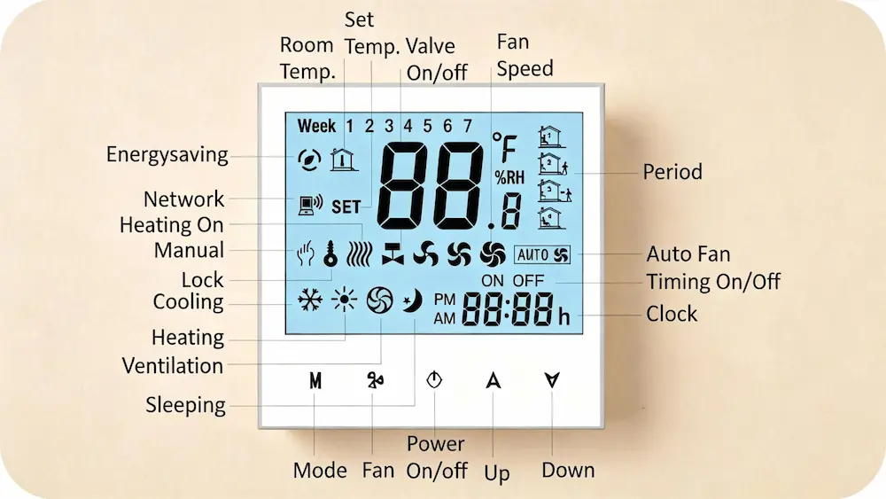HTW-WF01-FC-4 Digital Thermostat for 4 pipe fan coil HVAC system indoor temperature control