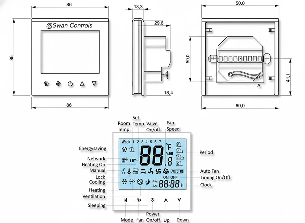 Swan Controls HTW-WF11 series fan coil thermostat dimensions and display interface