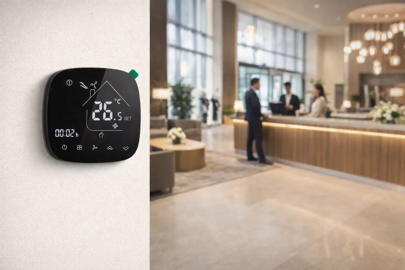 HTW-EB-FC-4W24 24V WiFi Thermostat mounted on wall for indoor FCU control
