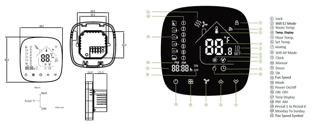 WiFi Thermostat With External sensor for 4-pipe fan coil room temperature control