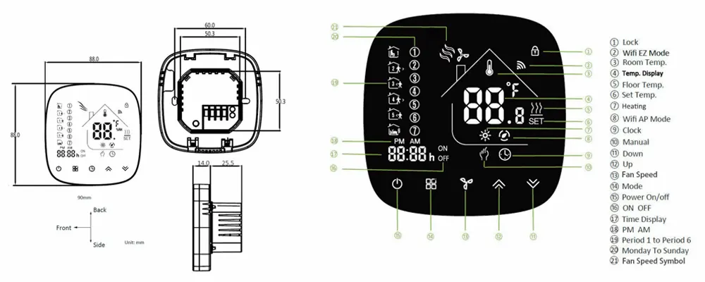 HTW-EB-FC-FC-2W WiFi Thermostat for 2 pipe FCU room temperature control