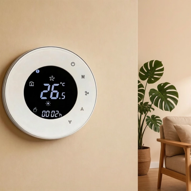 HTW-WF06-FC-4N Fan Coil Thermostat designed for 4-pipe fan coil systems. Supports Modbus communication for BMS integration, enabling accurate cooling and heating temperature control in commercial HVAC projects.