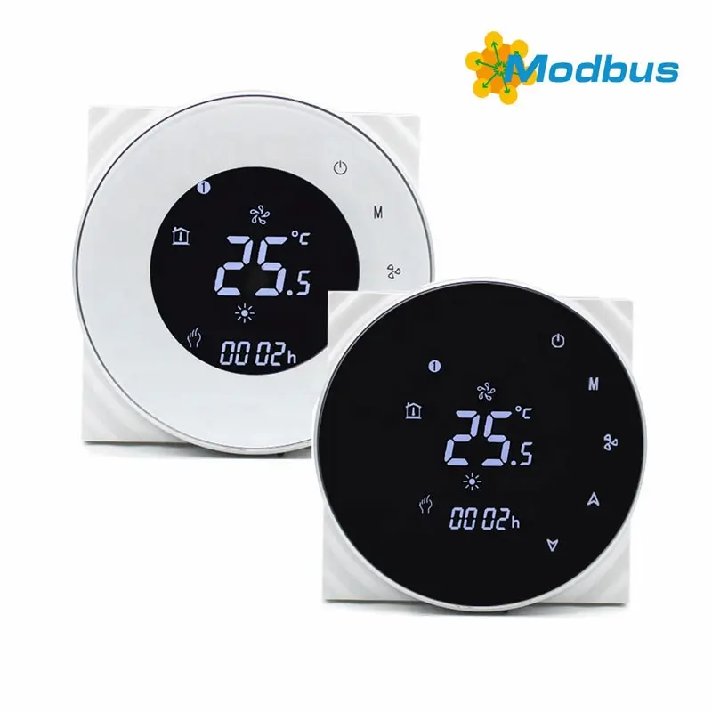 HTW-WF06-FC-4N Fan Coil Thermostat designed for 4-pipe fan coil systems. Supports Modbus communication for BMS integration, enabling accurate cooling and heating temperature control in commercial HVAC projects. 4 Pipe Fan Coil Thermostat with Modbus for BMS Cooling and Heating Control