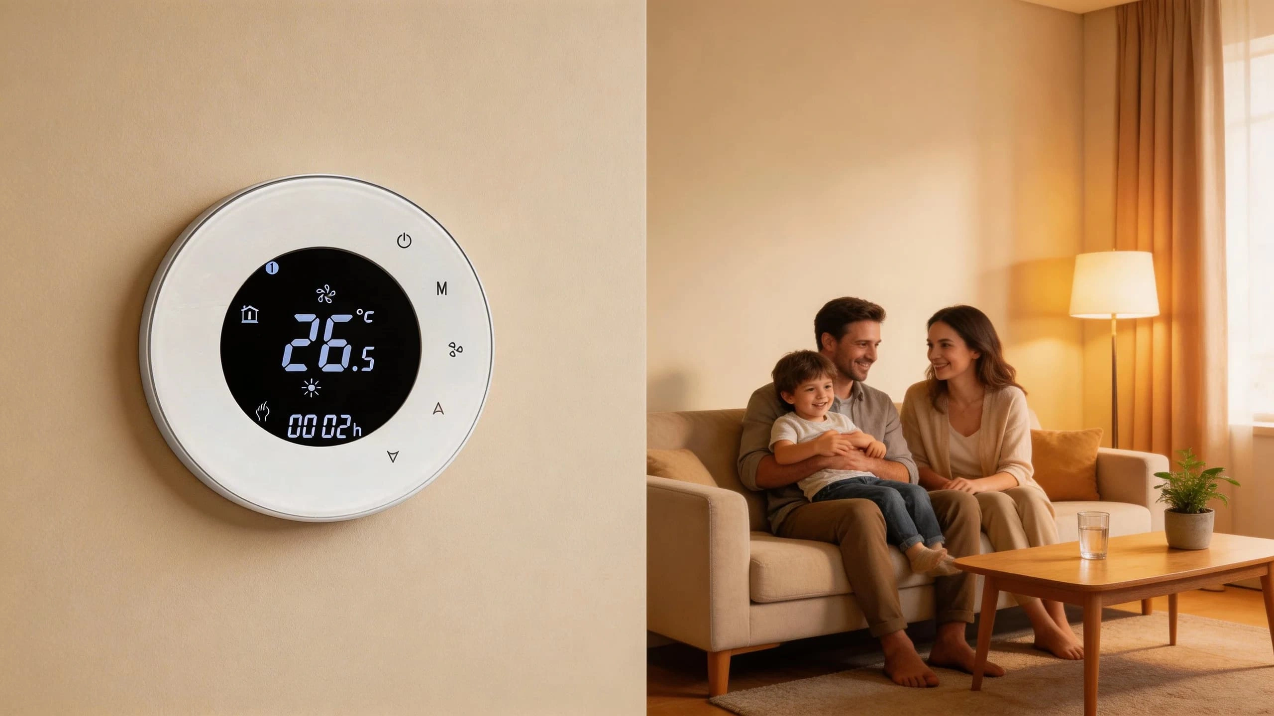 Round design fan coil thermostats for 2 pipe HVAC system with modern temperature control