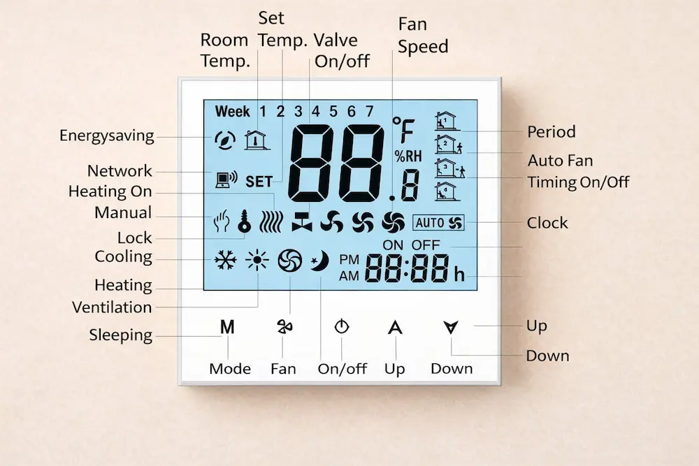 HTW-WF01-FC-4K Hotel Thermostat for 4 pipe fan coil unit HVAC system with keycard