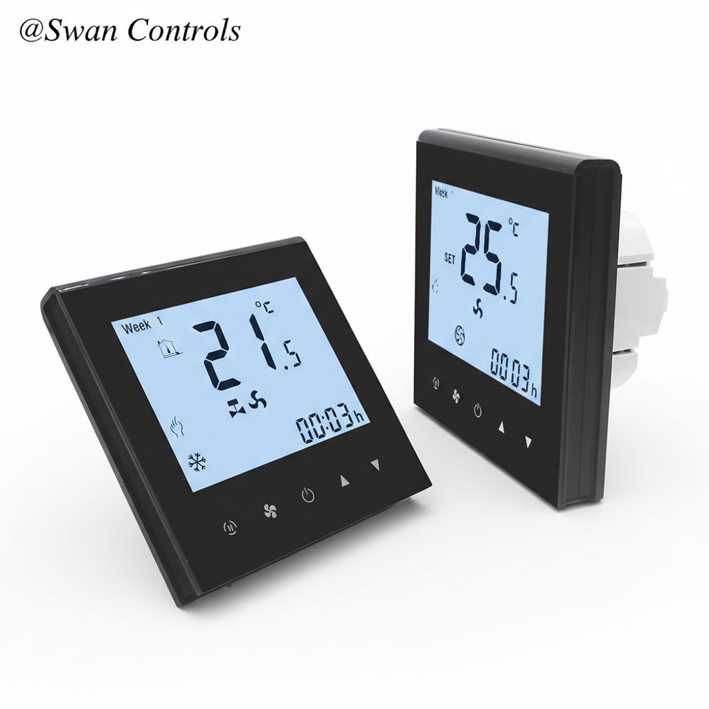 Reliable Keycard Hotel Thermostat 2-Pipe FCU Thermostat(M1) 2-pipe hotel thermostat with keycard, shown from three different angles in a guest room setting