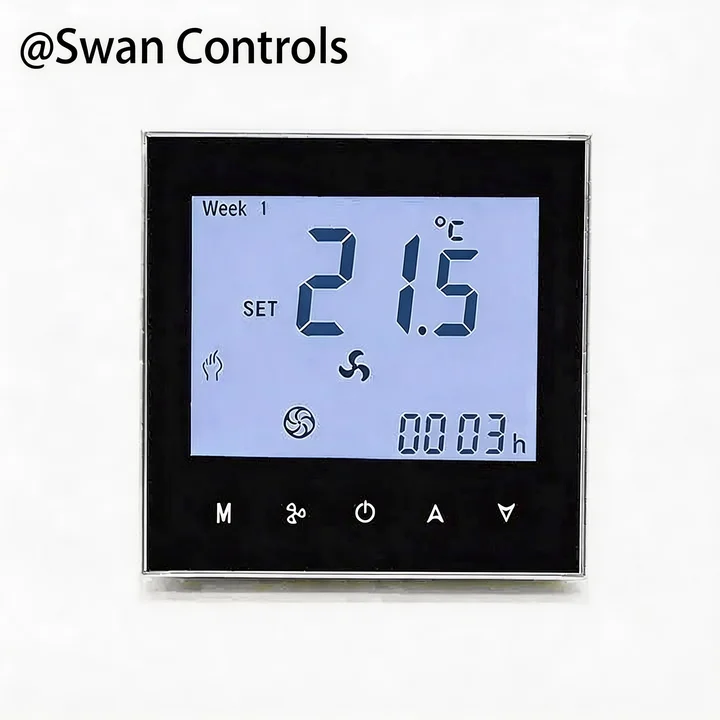 4 Pipe FCU Room Thermostats with Sensor and Modbus function for HVAC systems. The thermostat supports 4-pipe fan coil control, heating and cooling valve output, 3-speed fan operation, external sensor connection, and BMS integration for commercial HVAC projects. 4 Pipe FCU Room Thermostats with Sensor and Modbus communication for HVAC fan coil system control