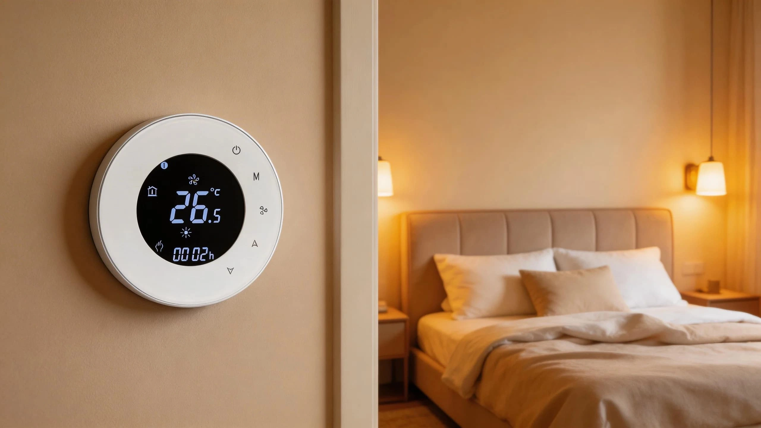 Standalone fan coil thermostat for 4-pipe HVAC system with precise temperature control