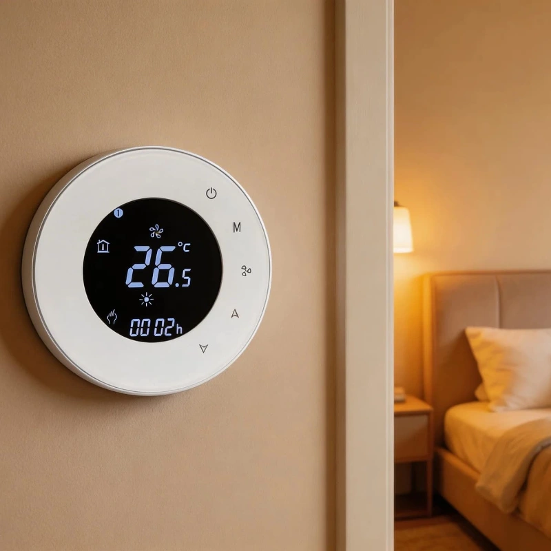 Standalone fan coil thermostat for 4-pipe HVAC system with precise temperature control