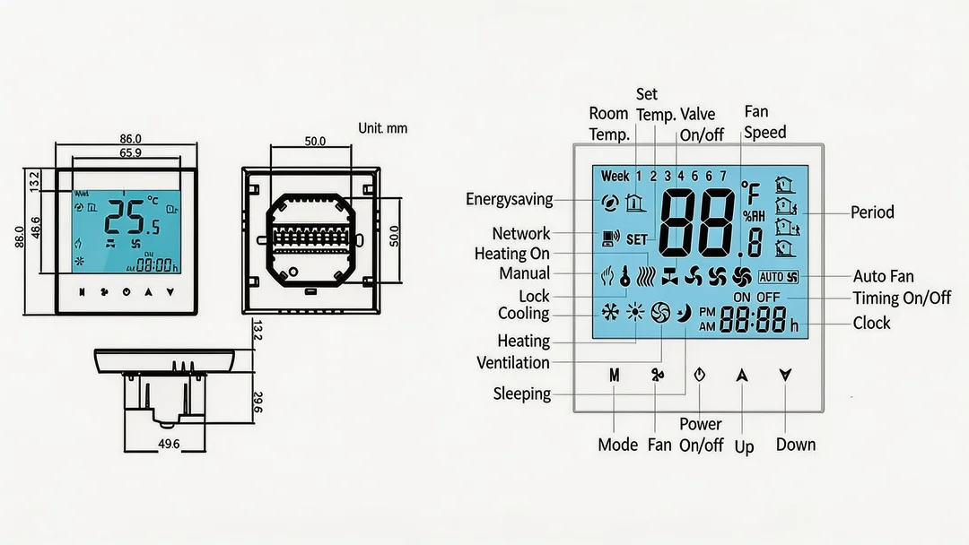 2 Pipe Fan Coil Unit Modbus Thermostat with Keycard for HVAC room control and energy saving