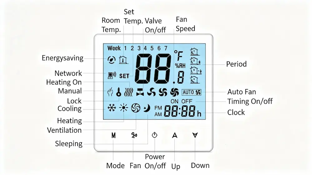 HTW-WF01-FC-4N Hvac Thermostat for 4 pipe fan coil unit with Modbus BMS integration