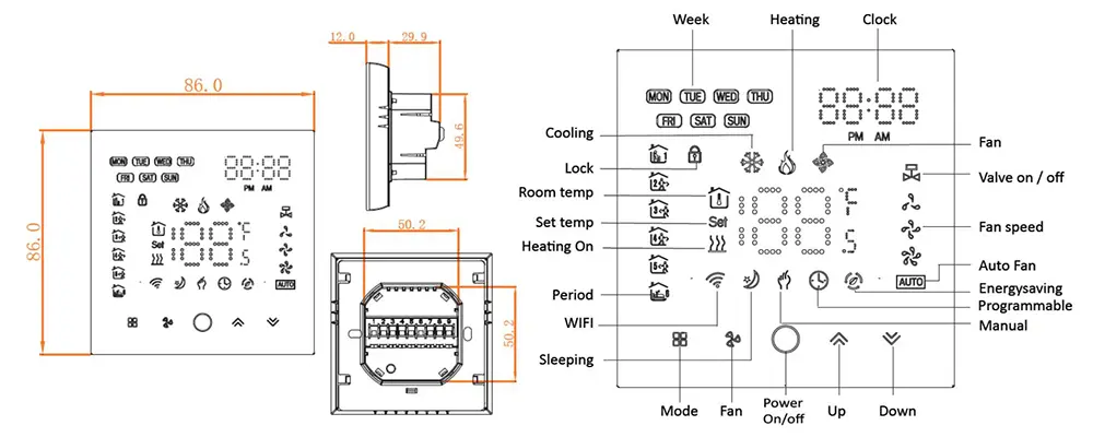 HVAC RS485 Modbus Thermostat wall mounted Modbus Thermostat for 4 pipe fan coil unit temperature control