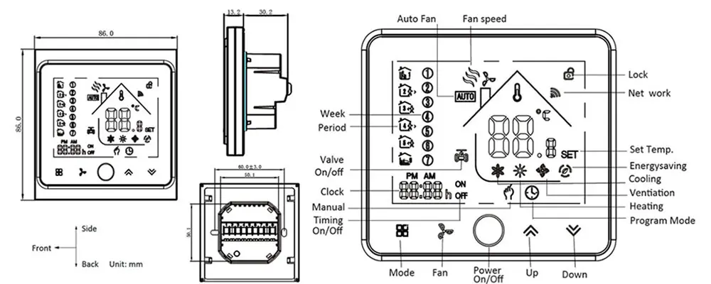 HTW-FT03-FC-4 OEM 4 pipe Room thermostat for fan coil system control