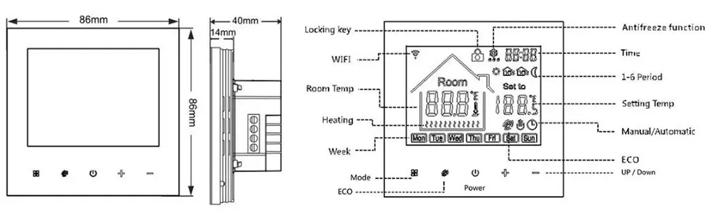 Black VA screen Water and Boiler Heating Thermostat for indoor heating system control
