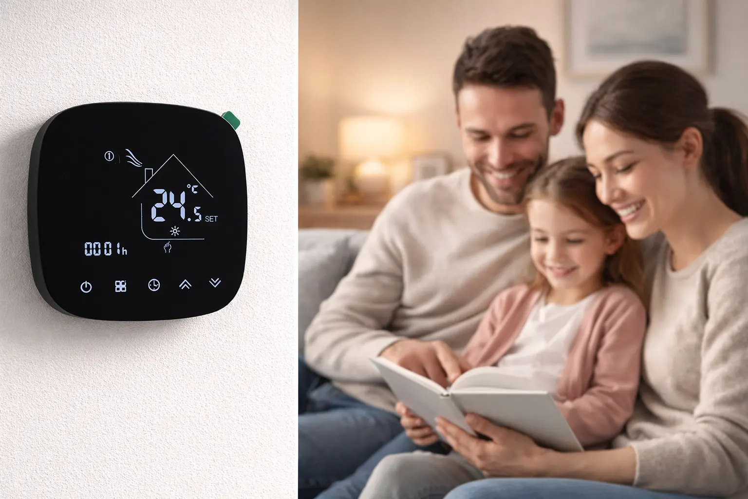 Electric Underfloor Heating Thermostat with LCD touch screen installed for indoor floor heating temperature control