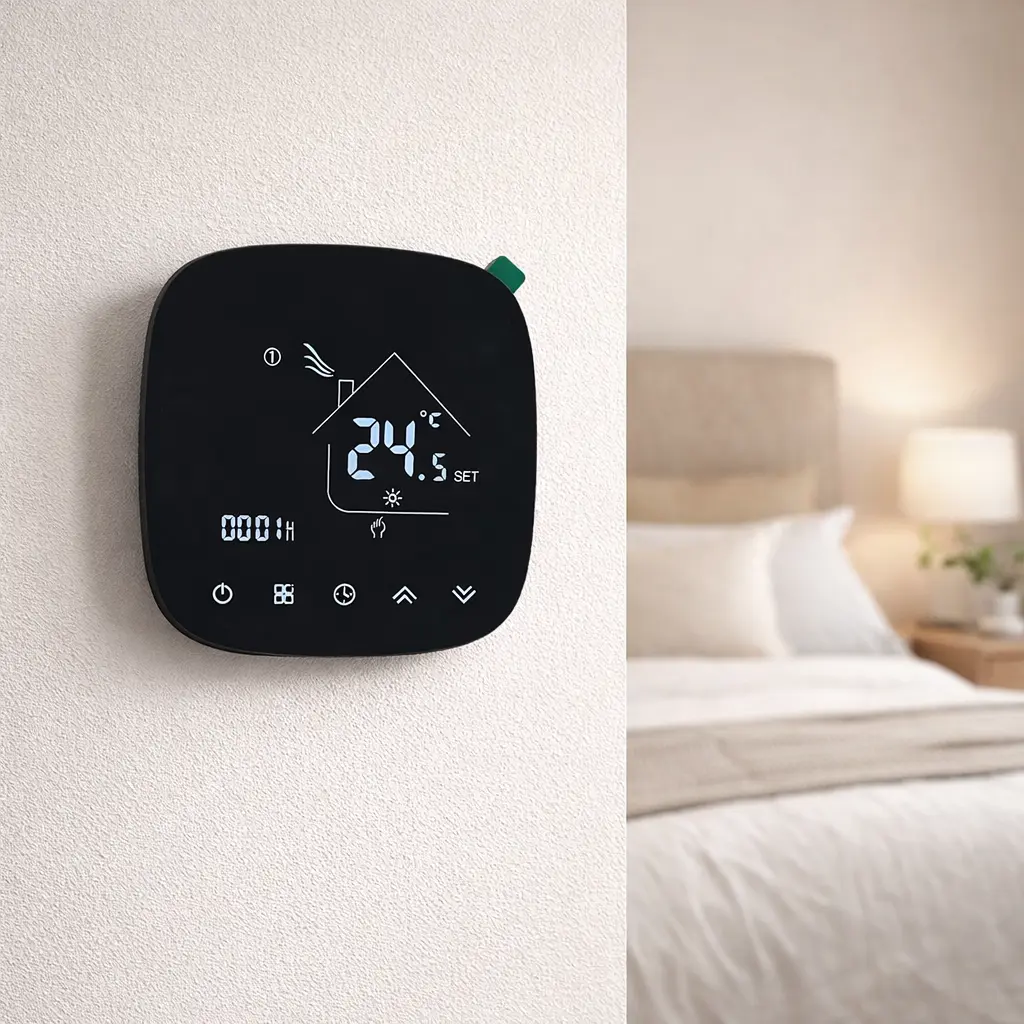 Electric Underfloor Heating Thermostat with LCD touch screen installed for indoor floor heating temperature control