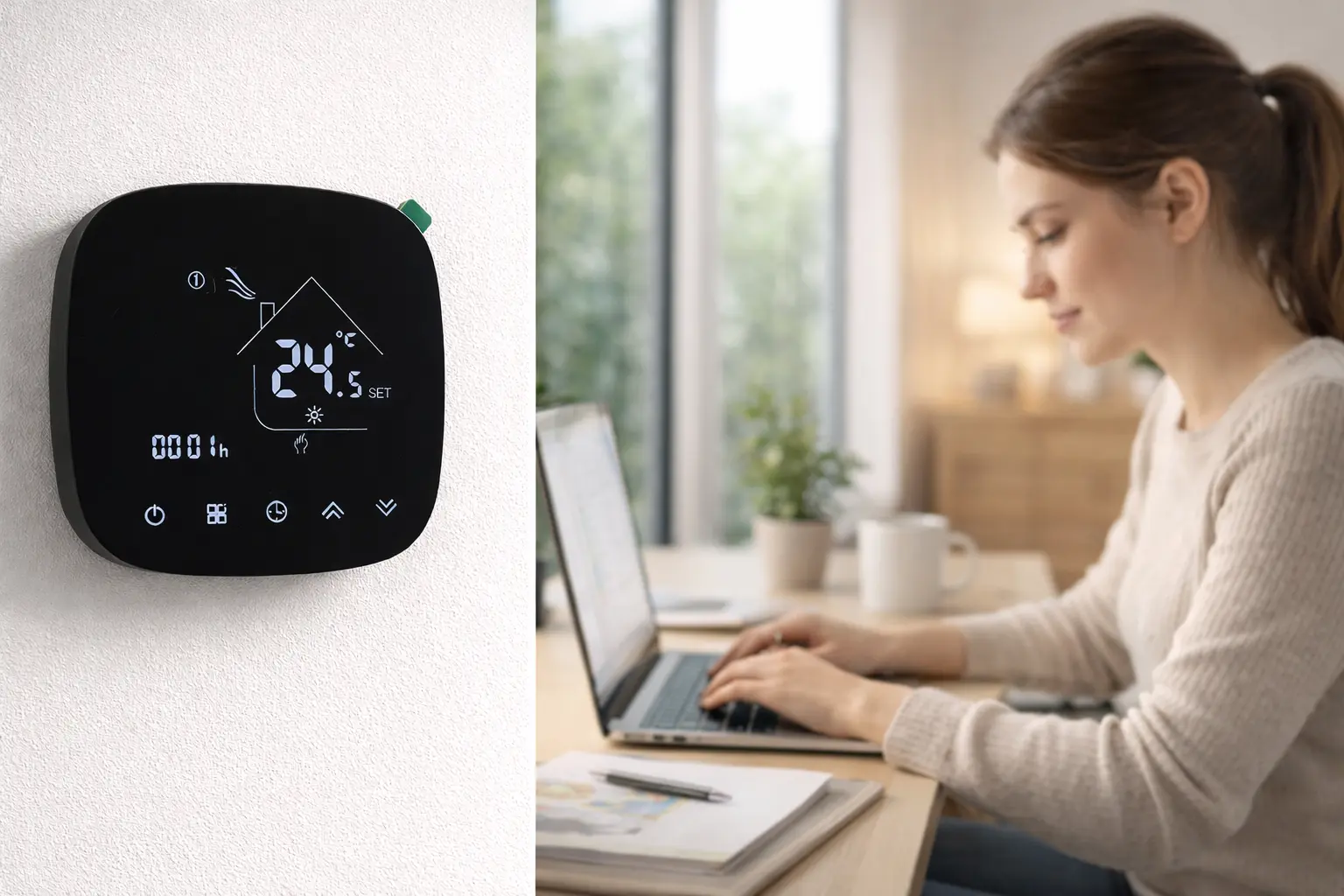 WiFi Electric Underfloor Heating Thermostat with white backlit touch screen for smart floor heating control