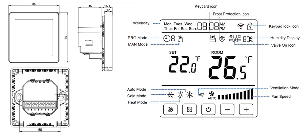 HTW-FC08-ECNW ec fan thermostat with wifi dimension and display layout for FCU thermostat interface