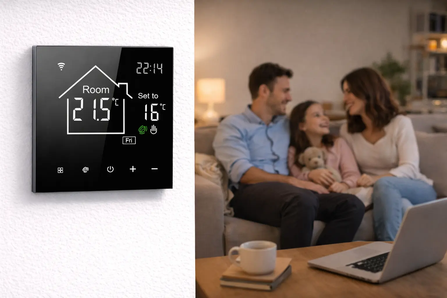 Black VA screen Water and Boiler Heating Thermostat for indoor heating system control
