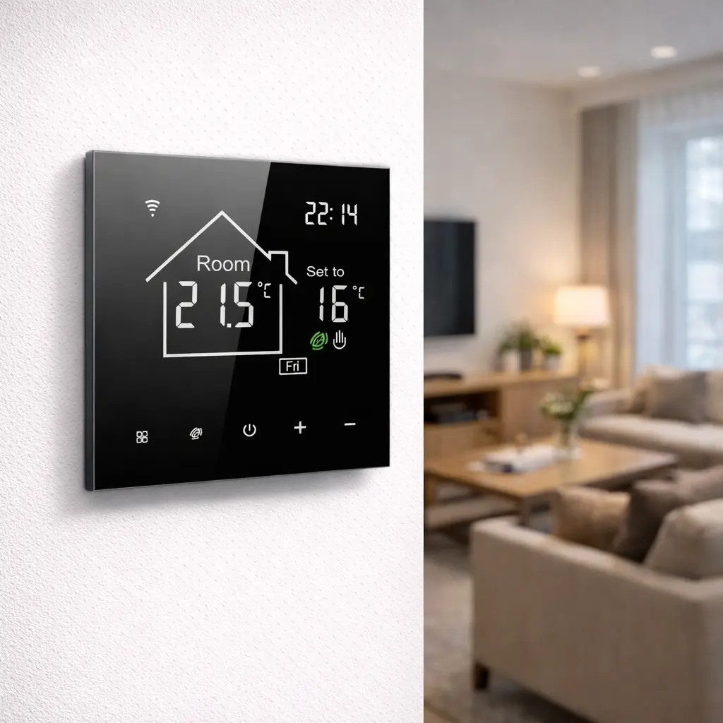 Black VA screen Water and Boiler Heating Thermostat for indoor heating system control