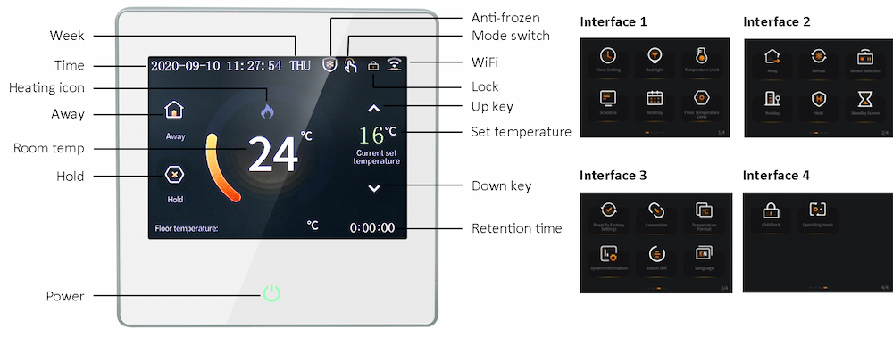 HTW-TFT12-16A1 electric heating thermostat screen display interface