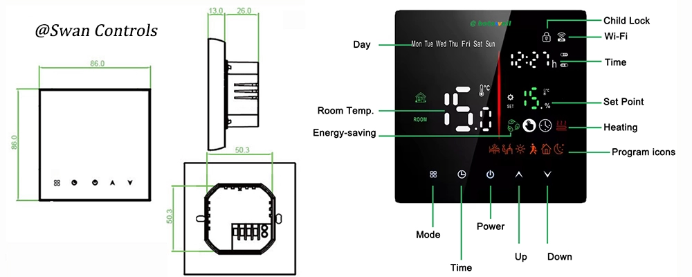 HTW-WF02RP-16A tuya thermostat electric heating dimension and LED display