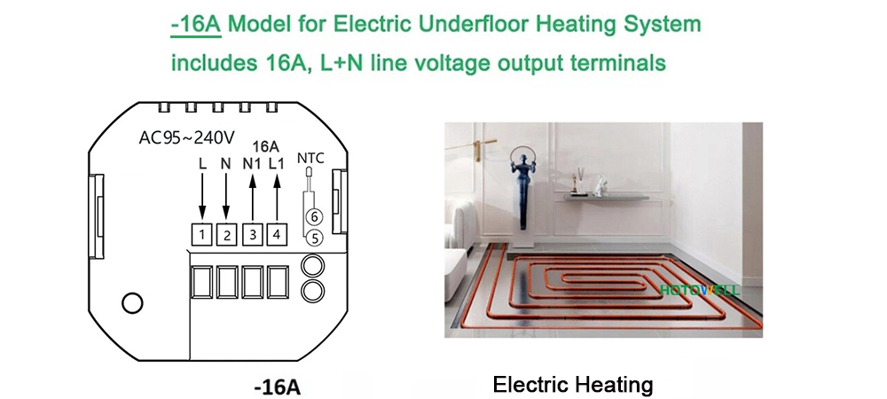 HTW-WF02RP-16A tuya thermostat electric heating wiring diagram