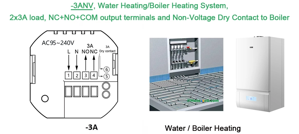 HTW-WF02RP-3ANV boiler thermostat wiring diagram for water heating and boiler heating