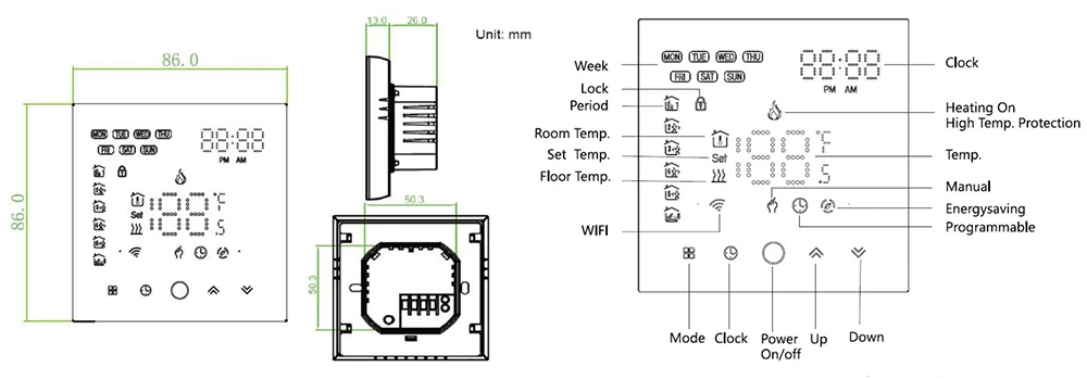 HTW-WF03-NV3 boiler heating room thermostat dimension and display interface