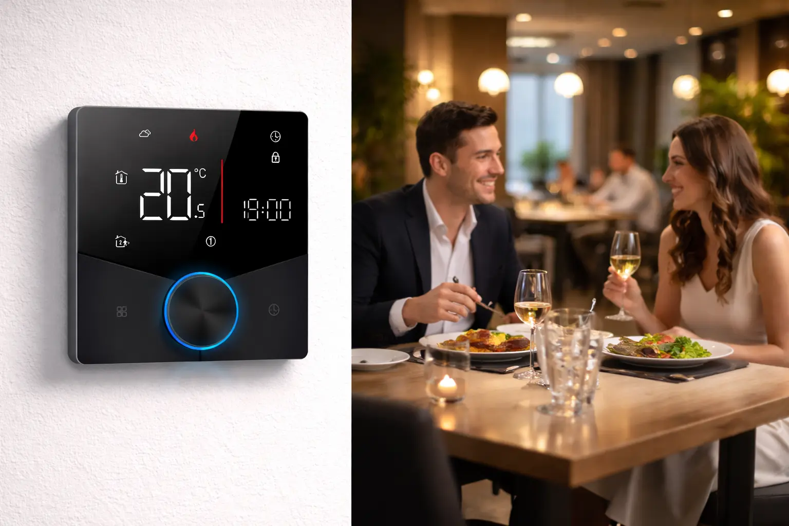 Water Heating Thermostat with white backlit display for indoor floor heating control
