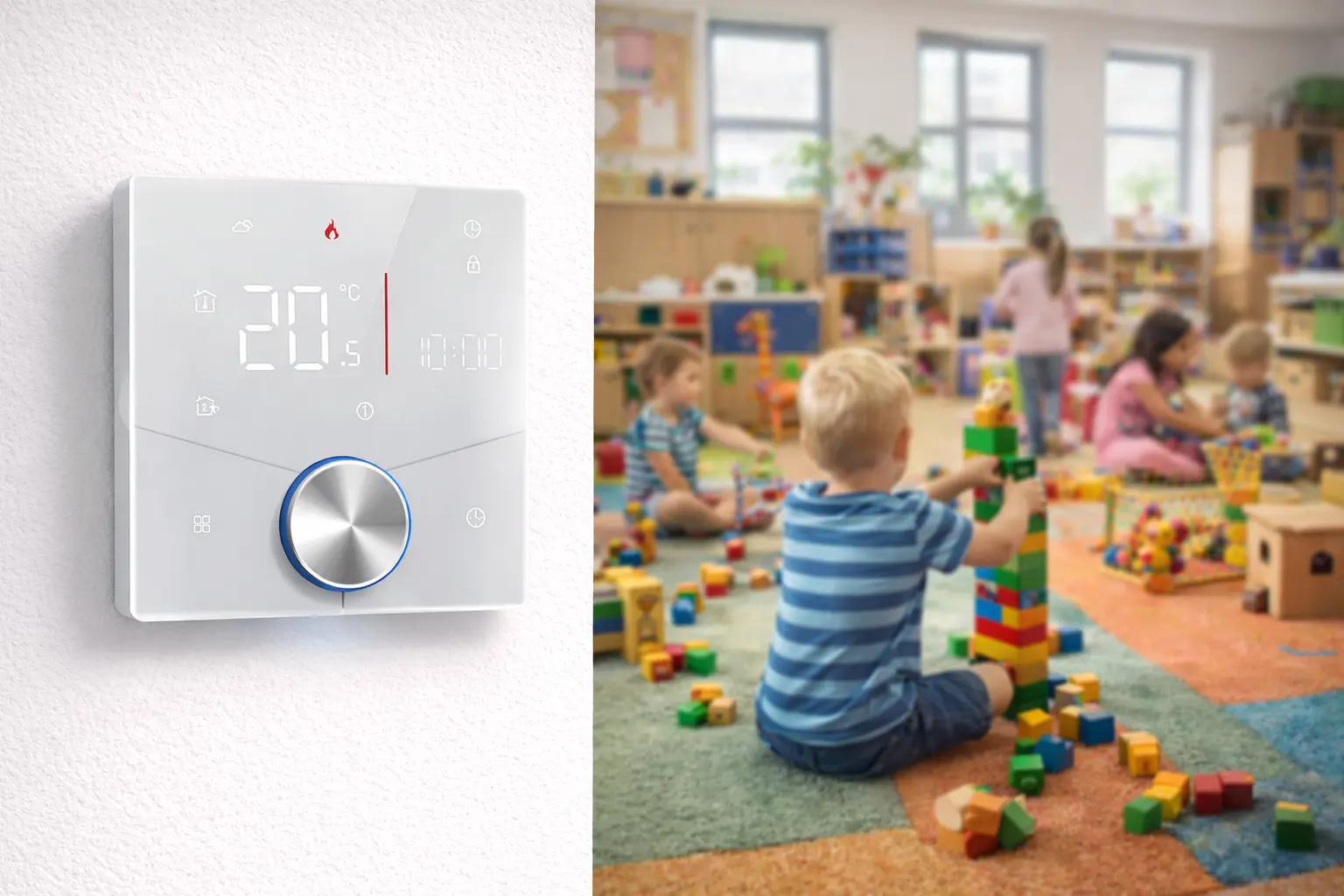 WiFi Water Heating Thermostat with colourful knob and white backlit display for heating system control