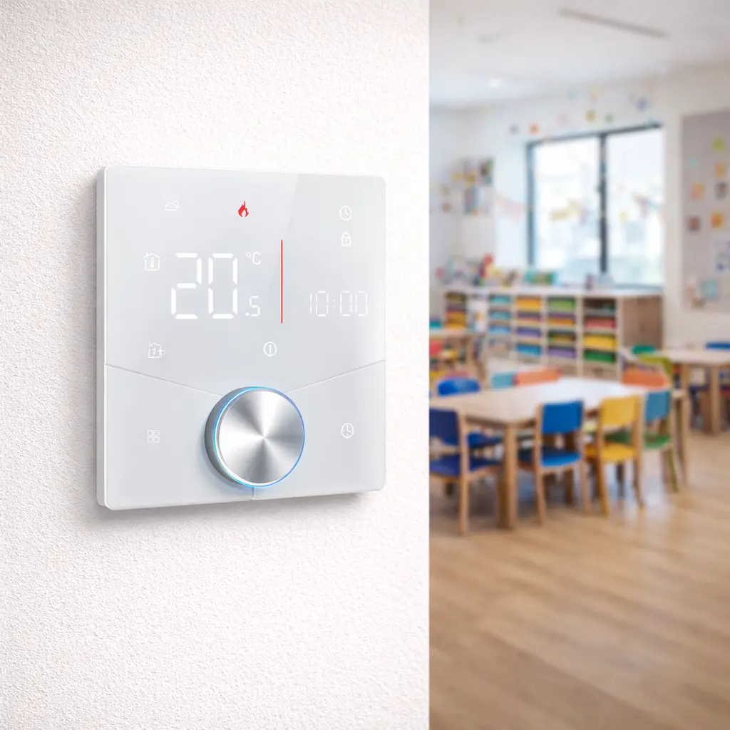 WiFi Water Heating Thermostat with colourful knob and white backlit display for heating system control
