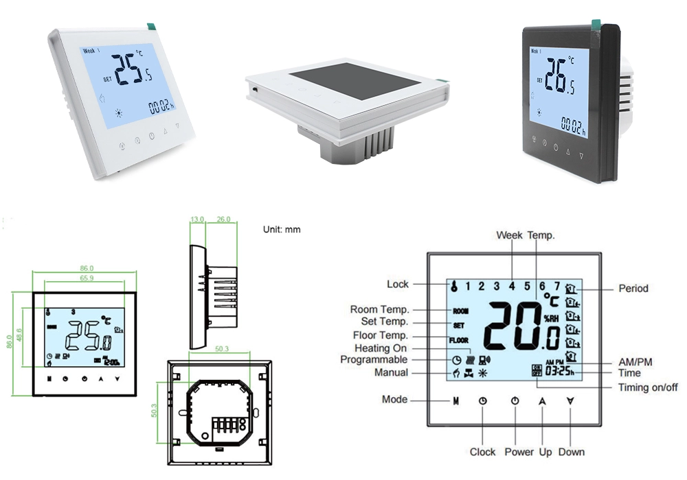 HTW-WF11-16A3 electric heating thermostat front side back dimensions and display icons