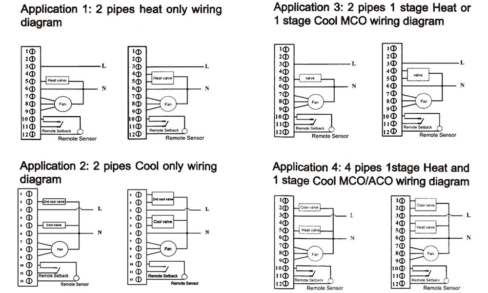 Honeywell T6861 digital thermostat wiring diagram for fan coil unit with fan and valve connections