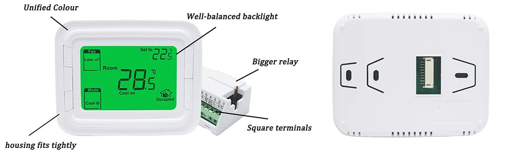 Honeywell T6861 room thermostat front panel and button details for fan coil control