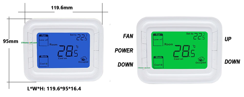 Honeywell T6865 modulating thermostat dimensions and display interface layout