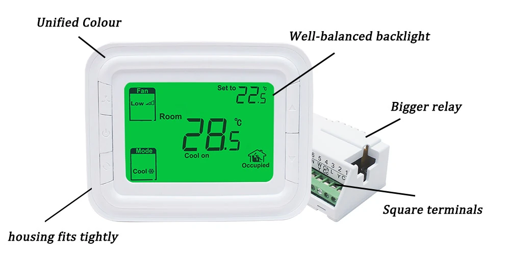 Honeywell T6865 modulating thermostat detail view showing buttons, screen and housing design