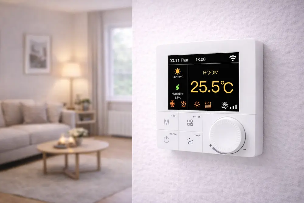 Smart Fan Coil Unit Thermostat with RGB colourful LCD screen for 2 pipe HVAC system indoor temperature control