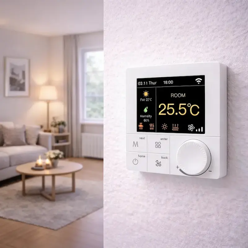 Smart Fan Coil Unit Thermostat with RGB colourful LCD screen for 2 pipe HVAC system indoor temperature control