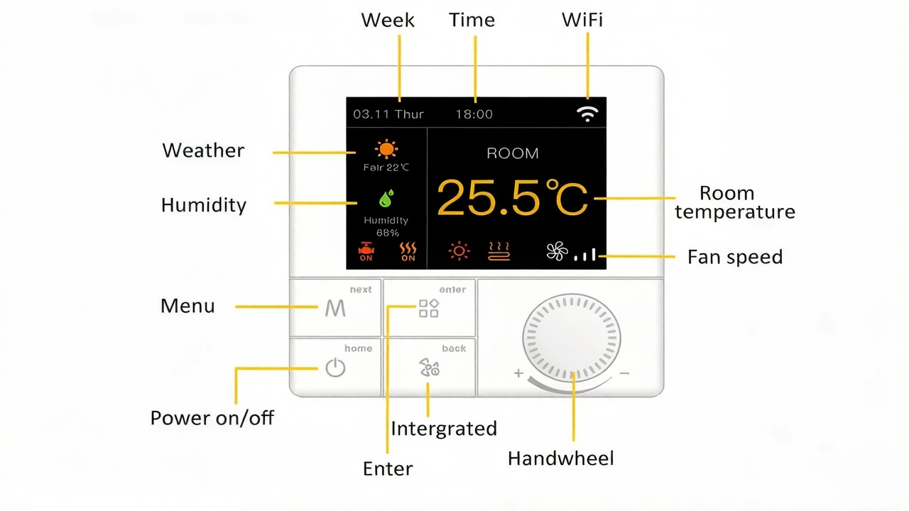 Smart Rs485 Modbus Thermostat for fan coil unit HVAC system with room temperature control and BMS integration
