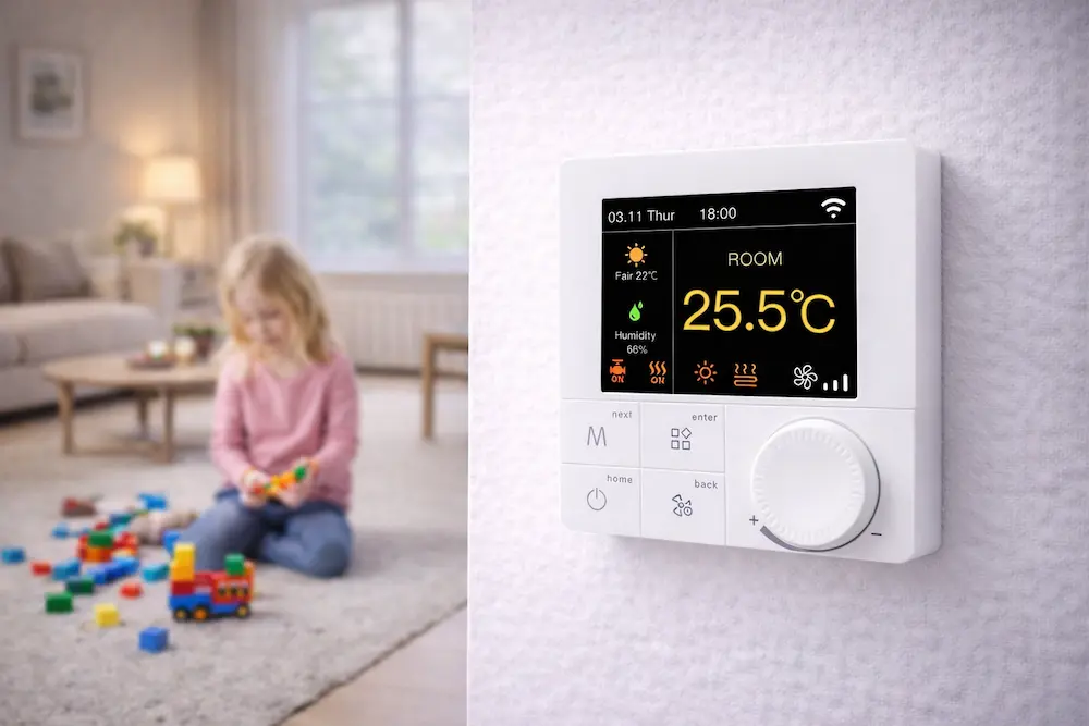 Smart WiFi Thermostat for 4 pipe FCU HVAC system with digital display and app control for indoor temperature management