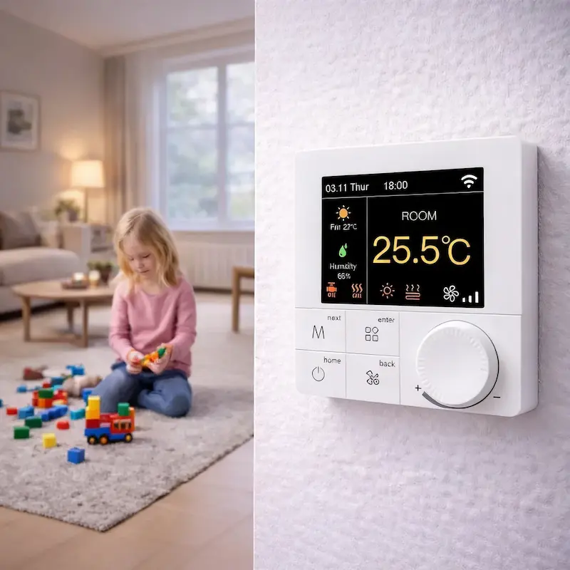 Smart WiFi Thermostat for 4 pipe FCU HVAC system with digital display and app control for indoor temperature management