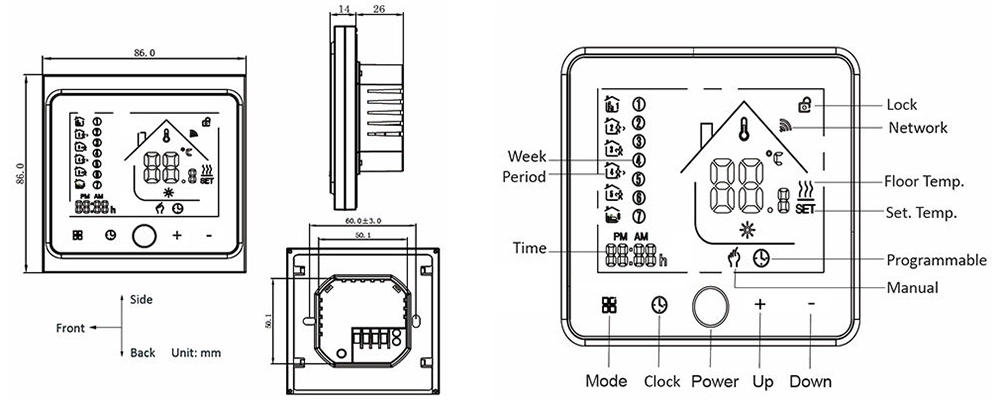 Swan Controls HTW-HT03P Heating Thermostat dimension and display screen layout for water heating and boiler heating systems