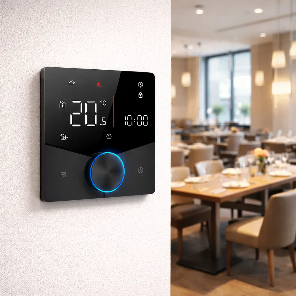 Water Heating Thermostat with white backlit display for indoor floor heating control