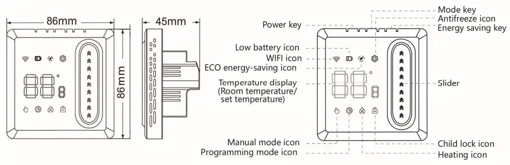 New CE LED slide operation Wired boiler heating thermostat for HVAC system control