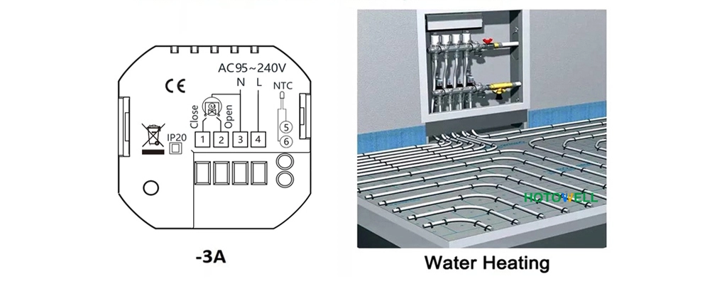 Water Heating Thermostat HTW-WF11-3A1 wiring diagram showing relay terminals and external temperature sensor connection for water heating control