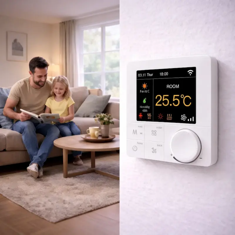 Water Heating Thermostat for 4 pipe FCU HVAC system with WiFi and Modbus control for indoor temperature management