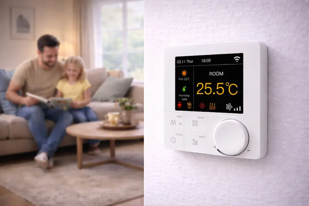 Water Heating Thermostat for 4 pipe FCU HVAC system with WiFi and Modbus control for indoor temperature management